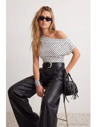 Multi-Colored Polka Dot Gathered/Drape Detailed Flowy Asymmetrical Neckline Knitted Blouse - 5