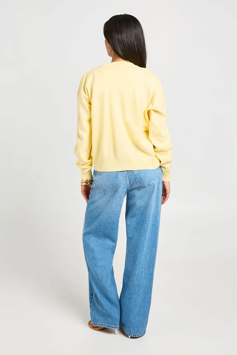 Crew Neck Button Up Cardigan - lemon - 2