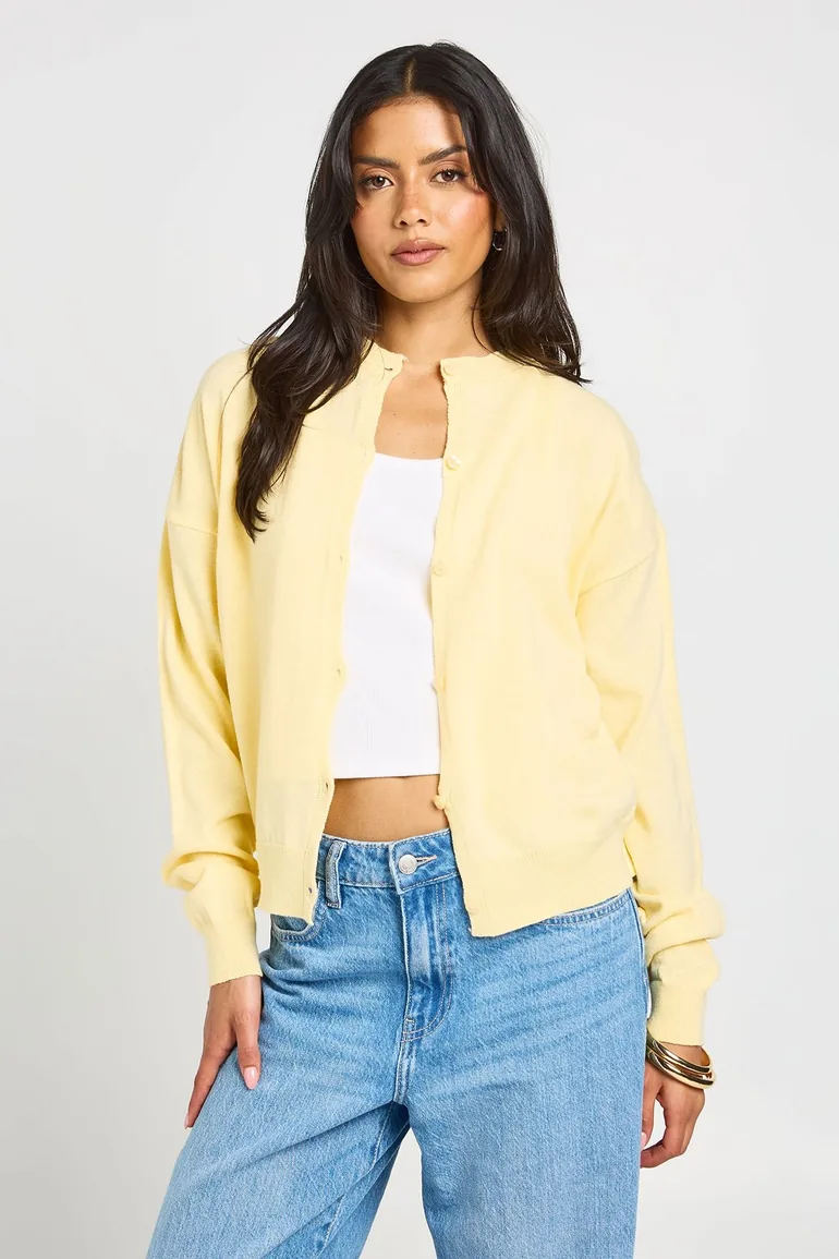 Crew Neck Button Up Cardigan - lemon - 1