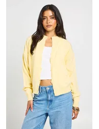 Crew Neck Button Up Cardigan - lemon - 1