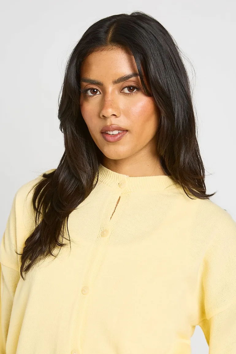 Crew Neck Button Up Cardigan - lemon - 3
