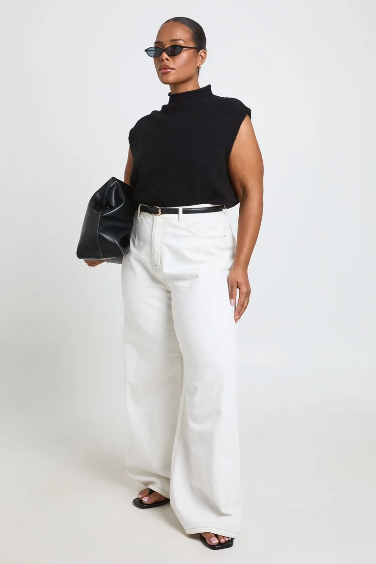 Plus Soft Knit Funnel Neck Top - black