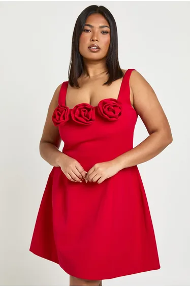Plus 3D Corsage Tailored Strappy Mini Dress - red