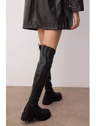 Black Stretch Over The Knee Thick Sole Women's Boots - 3