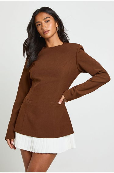 Petite Tailored Pleated Hem Structured Mini Dress - chocolate product thumbnail 2