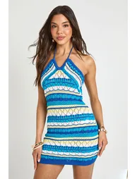 Crochet Knit Stripe Halter Mini Dress - multi - 1