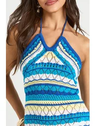 Crochet Knit Stripe Halter Mini Dress - multi - 3