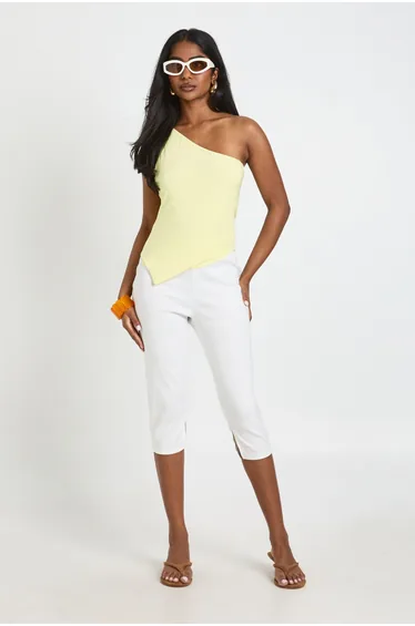 Double Layer Slinky One Shoulder Asym Hem Top - lemon