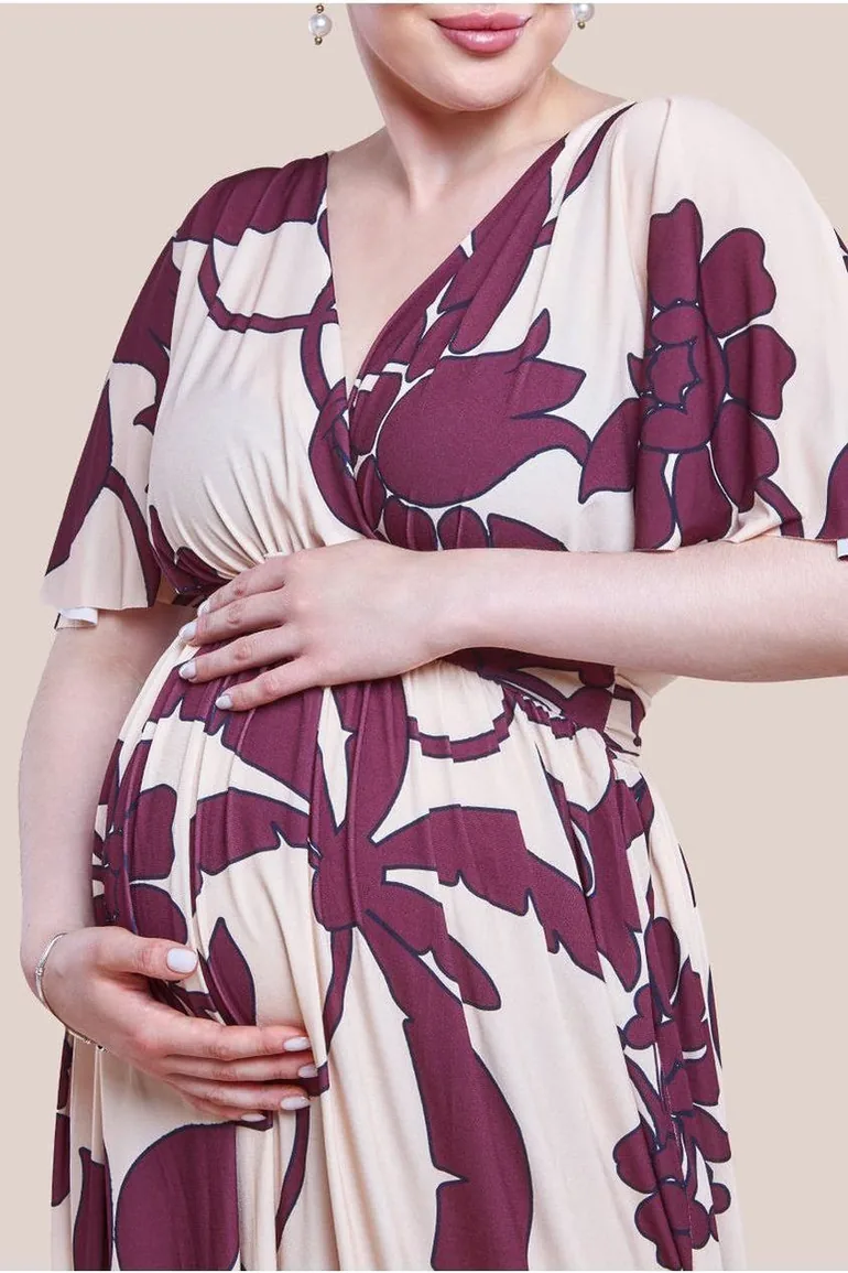 Goddiva Maternity Leaf Print Flutter Sleeve Maxi Dress - Cream - 2