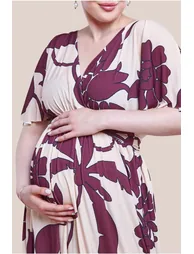 Goddiva Maternity Leaf Print Flutter Sleeve Maxi Dress - Cream - 2