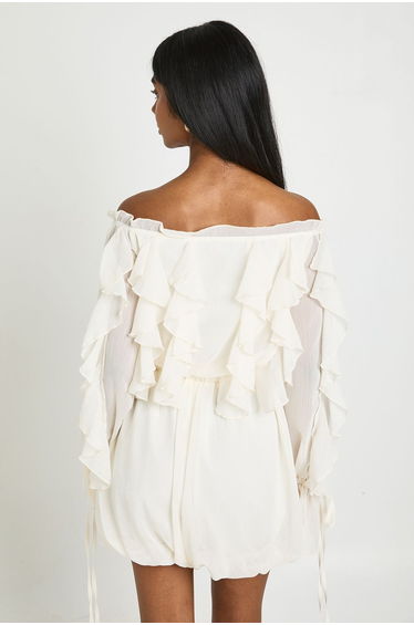 Bardot Ruffle Detail Textured Chiffon Playsuit - ivory product thumbnail 3