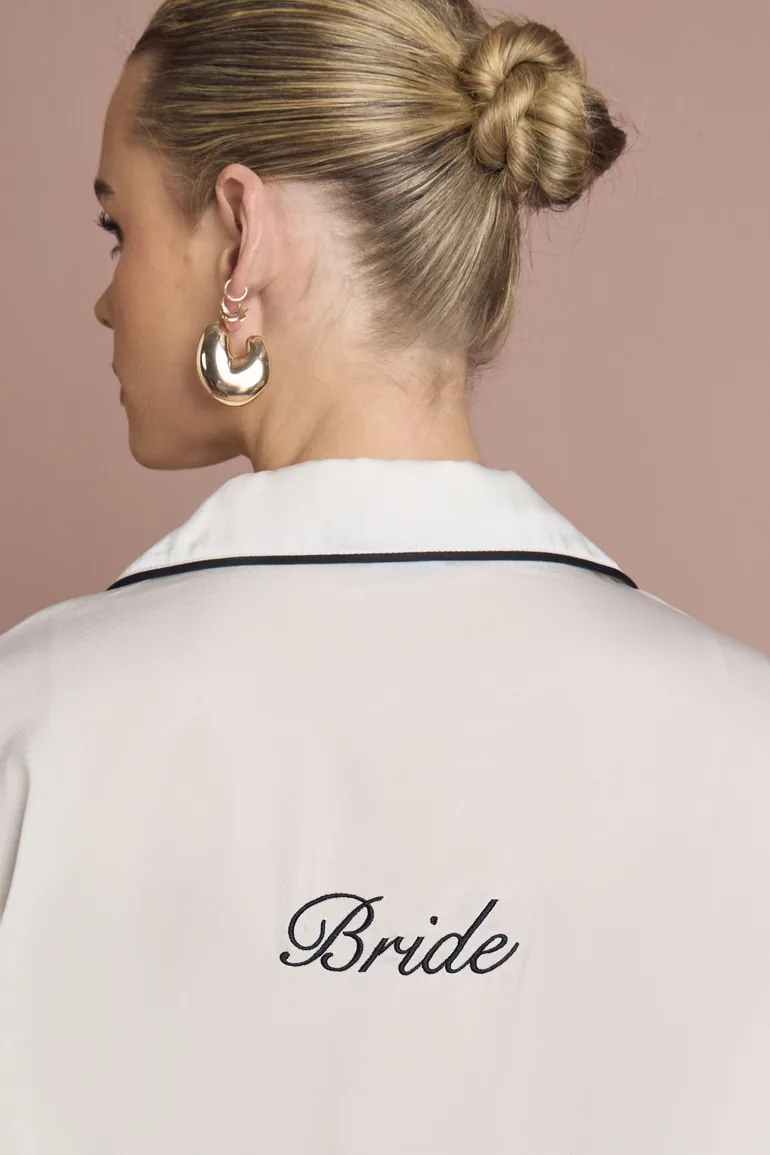 Bridal 'Bride' Satin Embroidered Long Sleeve Shirt & Trousers Pyjama Set - white - 3