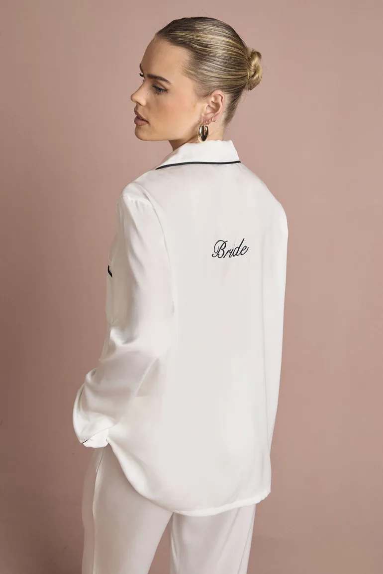 Bridal 'Bride' Satin Embroidered Long Sleeve Shirt & Trousers Pyjama Set - white - 1