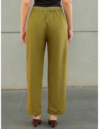 Olive Green Regular Fit Linen Trousers - 1
