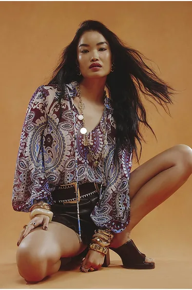 Burgundy Paisley Print Sheer Blouse