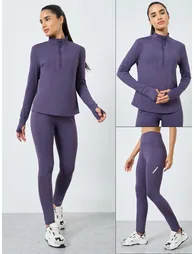 Half Zip Up Multi Panel Seam Long Sleeve Top and Reflector Stripe Calf Mesh 7/8 Leggings Set - 1