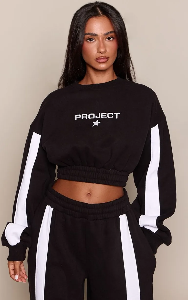 Petite Black Graphic Elasticated Cropped Hem Sweatshirt - 1