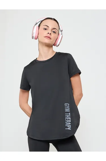 Black Tonal Vertical Side Text Back Reflective Stripe Top