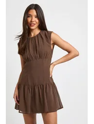 Chiffon Ruched Waist Panelled Mini Dress - chocolate