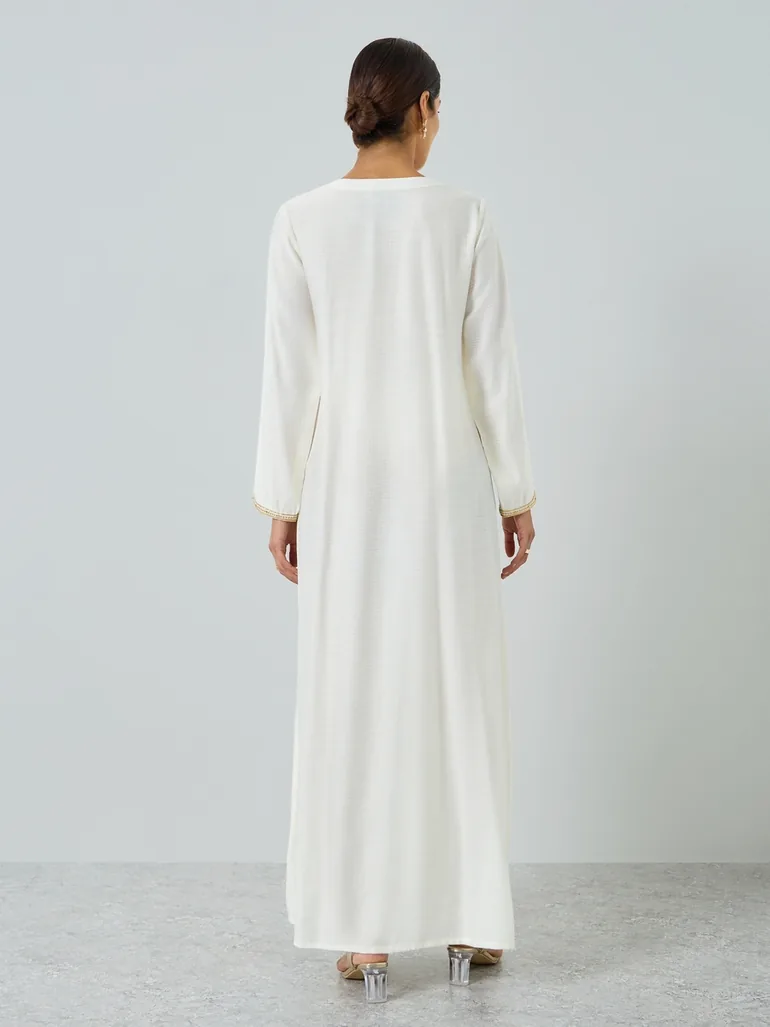 Cream Threadwork Embroidery Jalabiya - 4