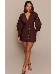 Shape Dark Chocolate Tailored Cocoon Sleeve A Line Blazer Dress - 2