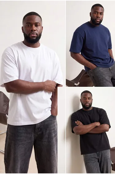 Big Size Navy Blue- Black-White 3-Pack Oversized 100% Cotton T-Shirts