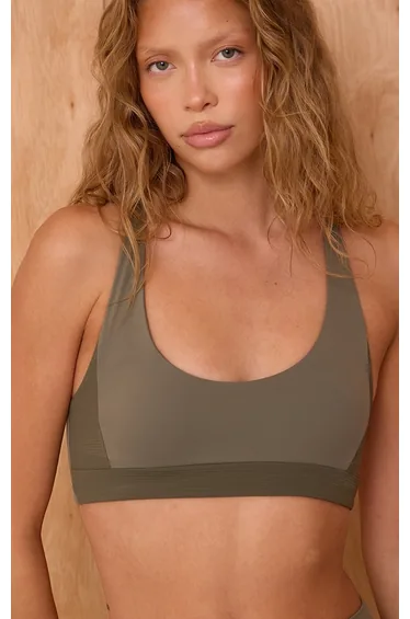Olive Sculpt Rib Panel Strappy Sports Bra