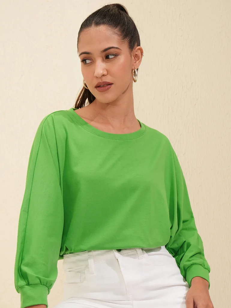 Solid Round Neck Extended Sleeves T-Shirt - 1