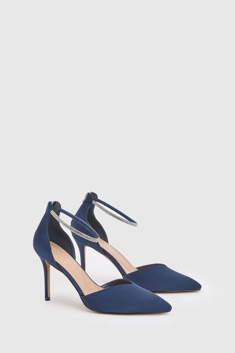 Sicily Satin Diamante Ankle Strap Comfort Sock Pointed Court Shoes - 2