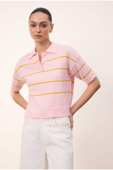 Pink Striped Polo Neck Knitwear Blouse product thumbnail 2