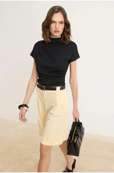 Black Regular Fit Stand Collar Short Sleeve Gathered Knitwear Look Knitted Blouse