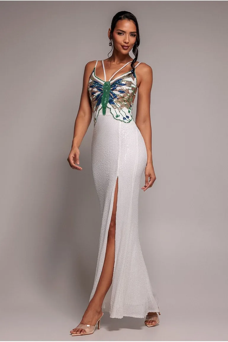 Goddiva Sequin Butterfly Front Split Maxi Dress - White - 5