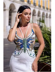 Goddiva Sequin Butterfly Front Split Maxi Dress - White - 1