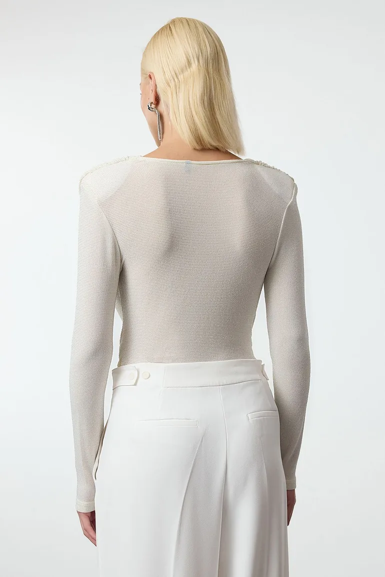 Ecru Cowl Collar Glittery Knitted Bodysuit - 2