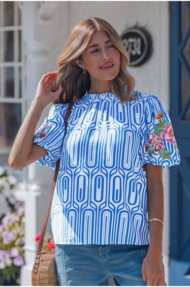 Lvness Sky Blue Unique Geometry Print Floral Embroidered Puff Sleeve Blouse product thumbnail 4