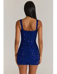 Embellished Square-Neck Mini Dress in Cobalt Blue - 6