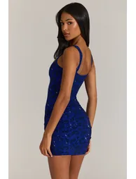 Embellished Square-Neck Mini Dress in Cobalt Blue - 1