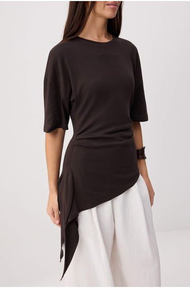 Brown Fitted/Fitted Short Sleeve Gathered Long Cotton Stretch Knitted T-Shirt product thumbnail 4