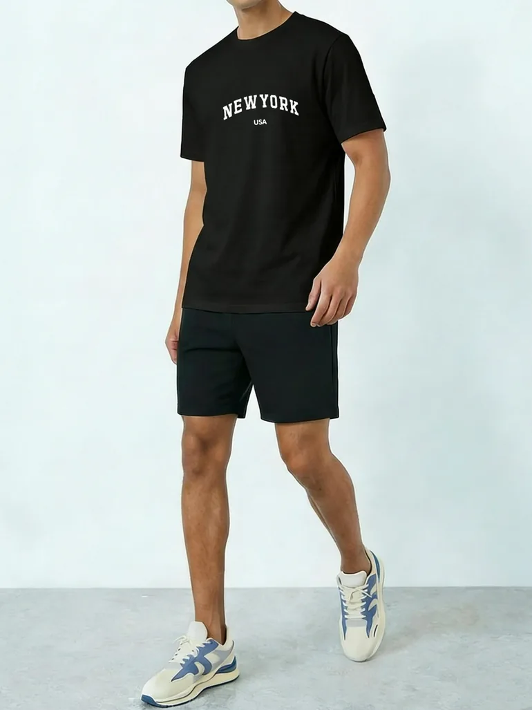Men Black Graphic Print Round Neck Short Sleeve T-Shirt and Shorts Co-Ords