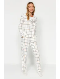 White 100% Cotton Plaid Tshirt-Pants Knitted Pajama Set