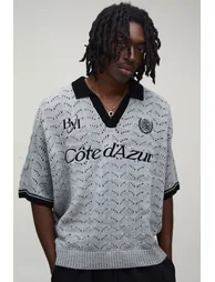 Oversized Boxy Embroidered Pointelle Knitted Polo - grey