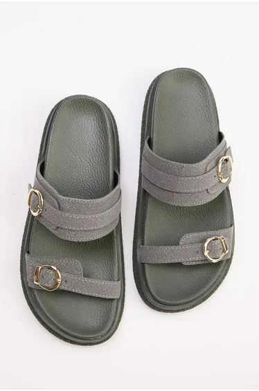 Gray Suede Double Buckle Brown Thick Sole Women's Slippers