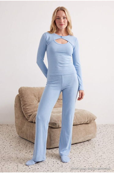 Blue 3-Piece Bolero Viscose Ribbed Knitted Pajamas Set