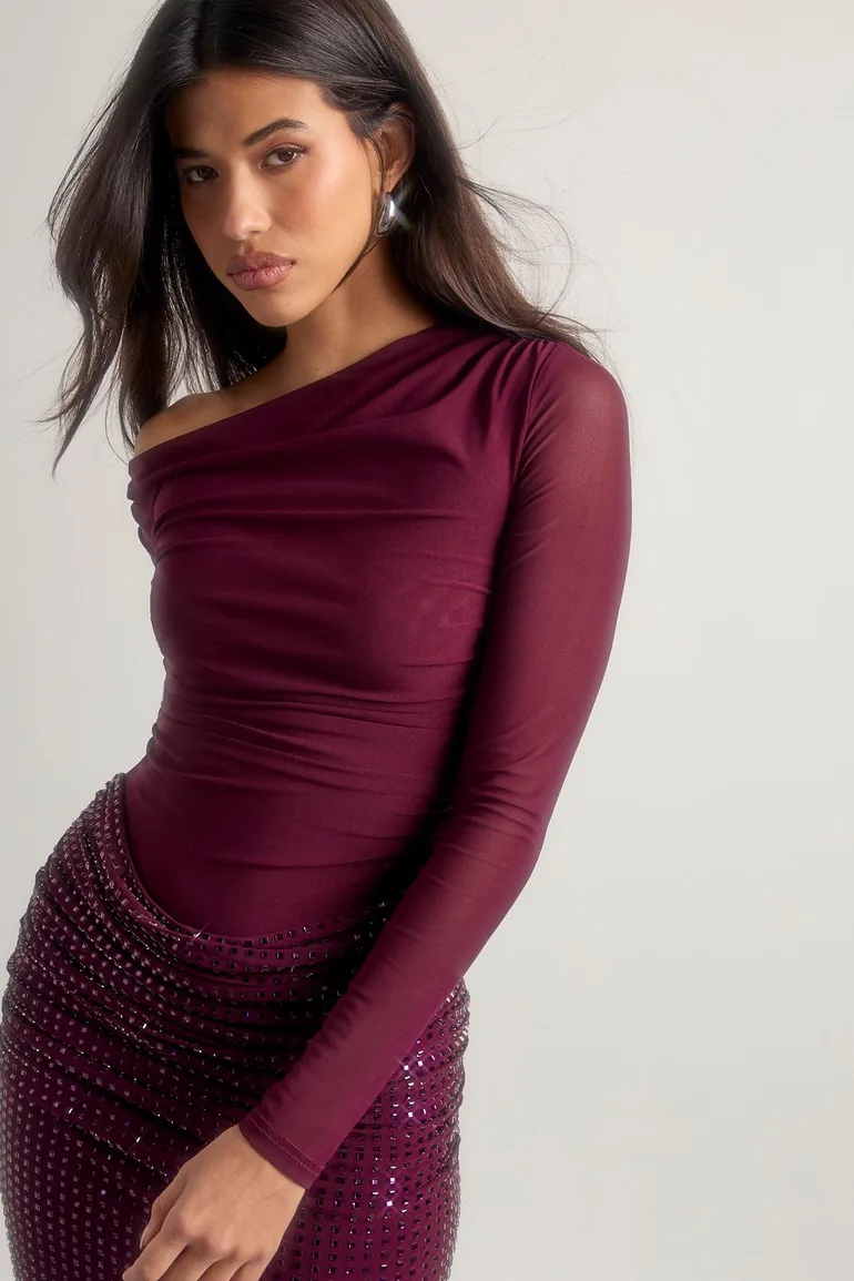 Premium Hot Fix Draped Sheer Maxi Dress - burgundy - 3