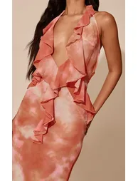 Orange Abstract Print Chiffon Plunge Frill Detail Maxi Dress - 3