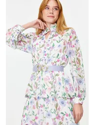 Blue Floral Belted Chiffon Woven Dress - 4