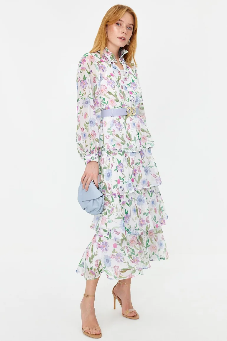 Blue Floral Belted Chiffon Woven Dress - 2