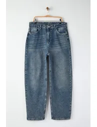 Blue High Waist Barrel Baggy Plus Size Jeans