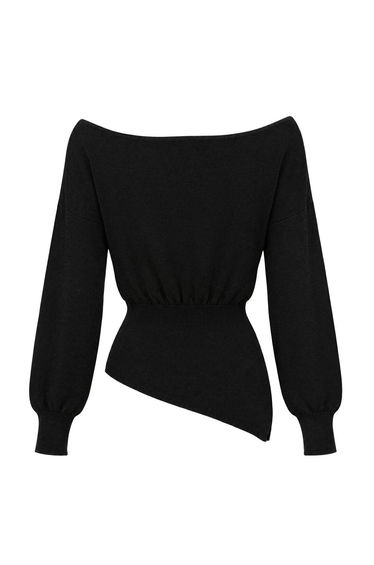 Black Mercerized Look Boat Neck Slit Detailed Knitwear Sweater product thumbnail 4