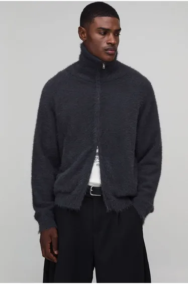 Relaxed Raglan Extreme Fluffy Knitted Funnel Jumper - black